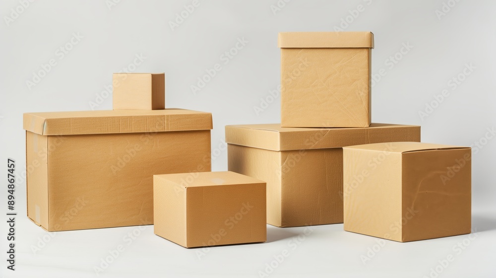 Recycled parcel boxes in various sizes, isolated on a white background. Recycled parcel boxes in various sizes, isolated on a white background.