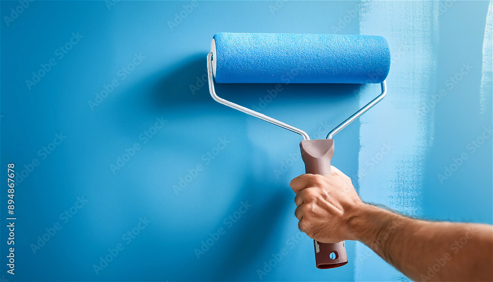 Obraz premium Hand Painting Wall with Blue Paint Roller