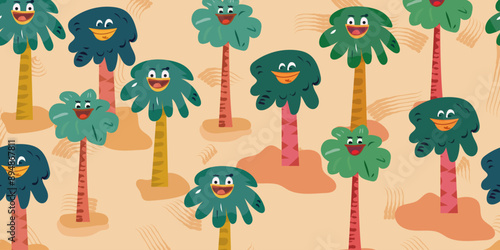 vibrant and playful vector illustration featuring a seamless pattern of whimsical palm trees and hilarious monsters. Perfect for summer-themed designs, beachwear, or playful decor, this fun