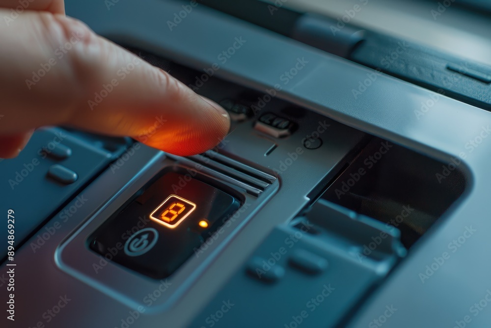 Close-up of Finger Pressing Power Button on Document Shredder for Sensitive Information Protection Close-up of Finger Pressing Power Button on Document Shredder for Sensitive Information Protection