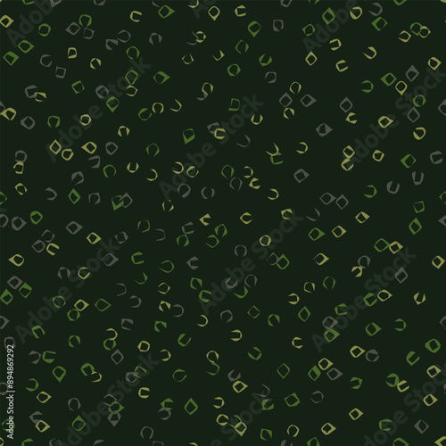 Seamless green camouflage pattern with chaotic scattered small abstract shapes like rings, brackets, clamps. Random chaotic composition. For apparel, fabric, textile, sport goods.