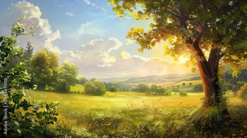 Sunlit Meadow with a Majestic Tree Sunlit Meadow with a Majestic Tree