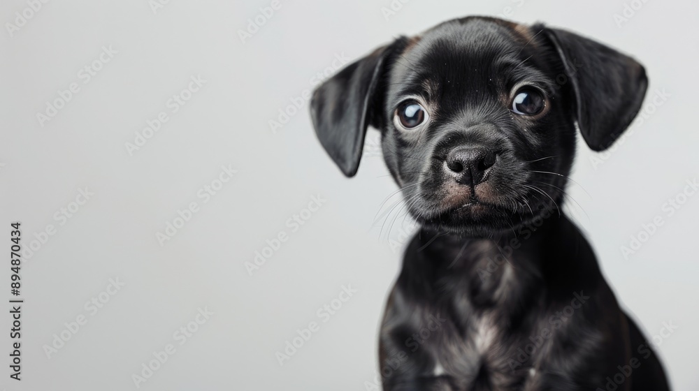 Fototapeta premium Black puppy on white backdrop in a photo studio