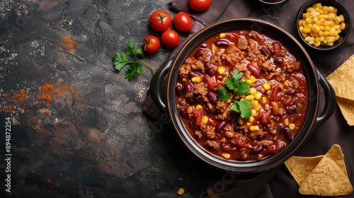 A bowl filled with hearty chili con carne, surrounded by fresh ingredients like tomatoes and corn, along with crispy tortilla chips, creating a vibrant and appetizing display. photo