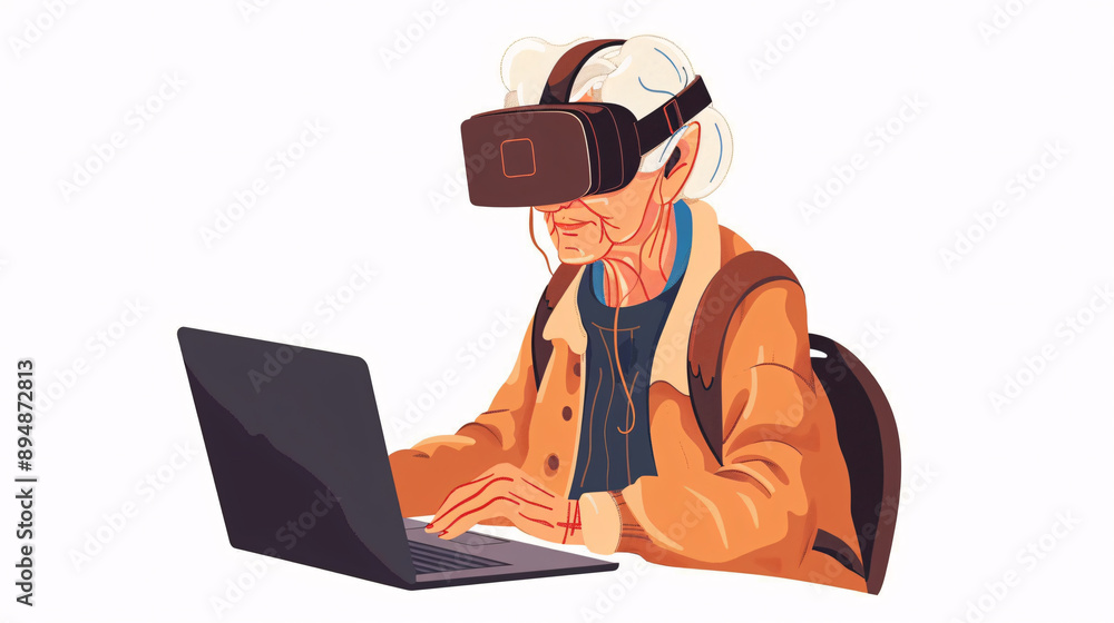 18. An elderly student in a tech class, interacting with a laptop and using a VR headset, depicted in an illustration on a white background 18. An elderly student in a tech class, interacting with a laptop and using a VR headset, depicted in an illustration on a white background