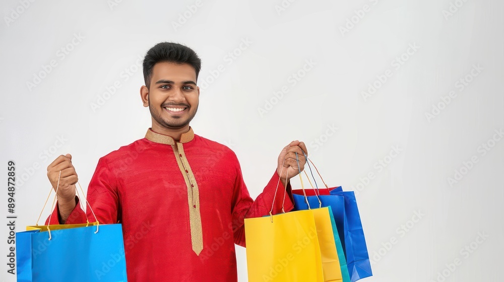 Happy indian man in red kurta holding shopping bags against a white background celebrating diwali with festive shopping, diwali, shopping Happy indian man in red kurta holding shopping bags against a white background celebrating diwali with festive shopping, diwali, shopping