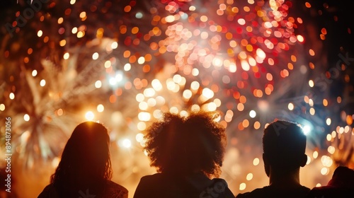 A group of people watching fireworks with bokeh lights and silhouettes celebrating diwali, enjoying festive fireworks, diwali, fireworks