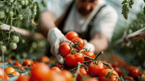 A farmer's hands picking ripe tomatoes from the plant in a greenhouse, embodying agricultural commitment, greenhouse farming practices, sunlight, and the satisfaction of a thriving crop.