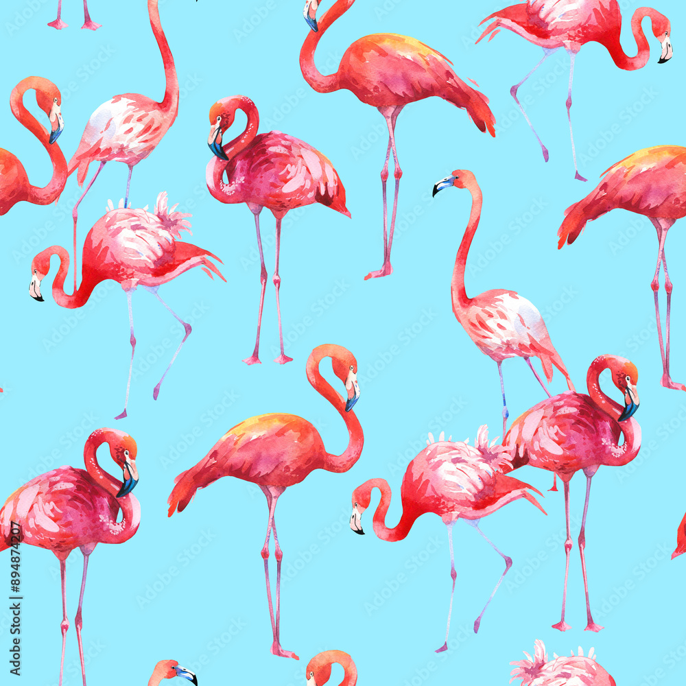 Fototapeta premium Watercolor seamless pattern on white background. Illustration with pink flamingo. Tropical bird. Paradise.