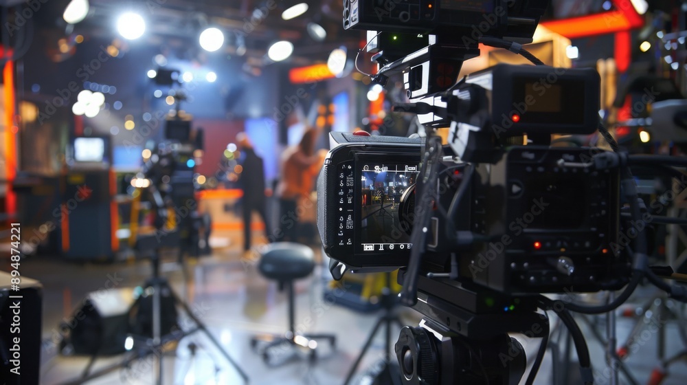 Fototapeta premium A camera in a television studio is focused on a blurred performance in the background.