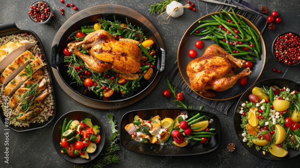Festive and Healthy Holiday Meal Setup with Roasted Chicken, Quinoa Salad, and Steamed Green Beans Festive and Healthy Holiday Meal Setup with Roasted Chicken, Quinoa Salad, and Steamed Green Beans