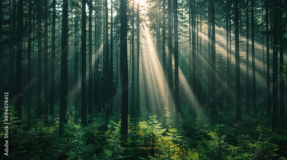 Obraz premium Sunlight is beautifully filtering through dense trees in this serene forest scene, highlighting the vibrant green undergrowth and creating a sense of peace and natural beauty.