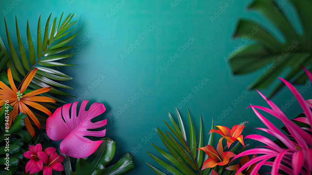 Obraz premium Vibrant tropical foliage with colorful flowers against a teal background, perfect for nature-themed designs and backgrounds.