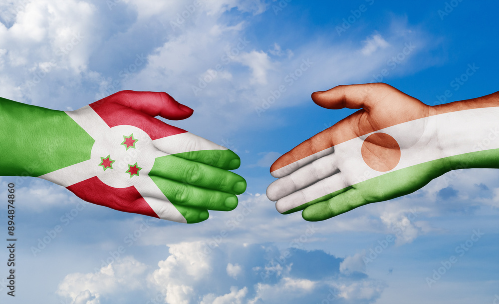 Niger and Burundi country handshaking with flags, consensus concept international co-operation illustration Niger and Burundi country handshaking with flags, consensus concept international co-operation illustration