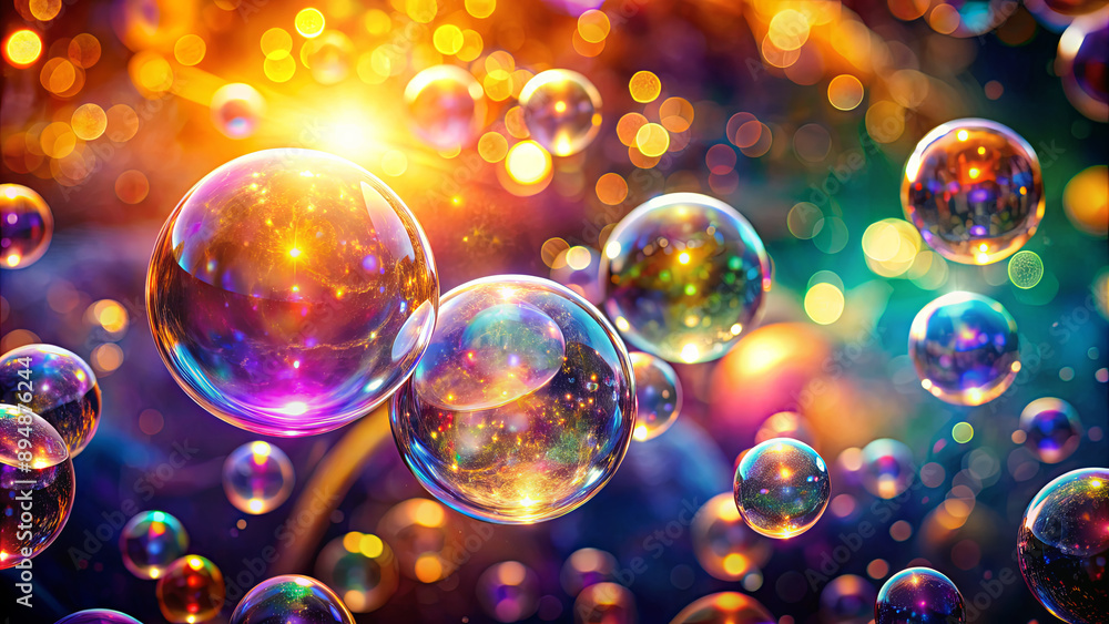 A cluster of colorful, iridescent bubbles float against a brightly lit, bokeh-filled background A cluster of colorful, iridescent bubbles float against a brightly lit, bokeh-filled background