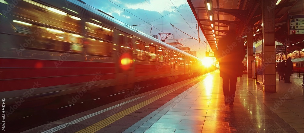 Detailed photo of a railway station with a modern high-speed commuter train sunset Generative AI Detailed photo of a railway station with a modern high-speed commuter train sunset Generative AI