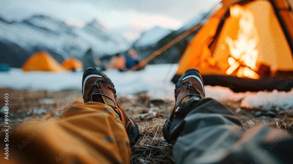 A person is resting near a tent and campfire amidst snowy mountains, enjoying the serene mountain landscape, glowing campfire warmth and the peacefulness of winter camping. A person is resting near a tent and campfire amidst snowy mountains, enjoying the serene mountain landscape, glowing campfire warmth and the peacefulness of winter camping.