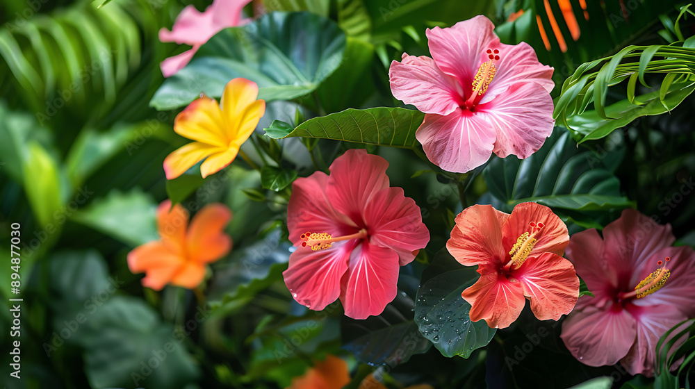 Obraz premium A vibrant tropical garden with bright hibiscus flowers 