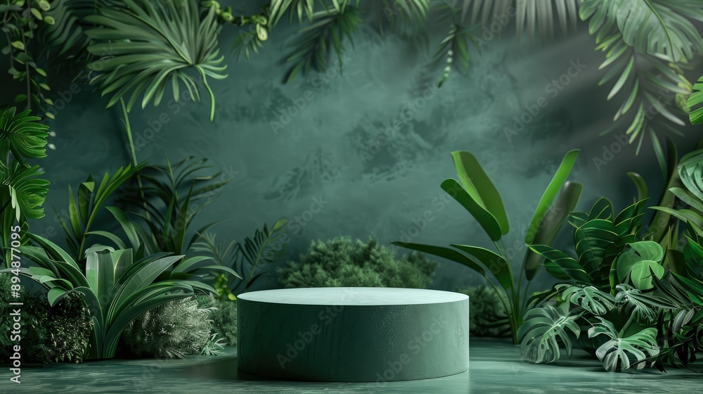 3D green wood display pedestal set in a jungle backdrop, surrounded by lush tropical plants, ideal for summer cosmetic presentations. 3D green wood display pedestal set in a jungle backdrop, surrounded by lush tropical plants, ideal for summer cosmetic presentations.