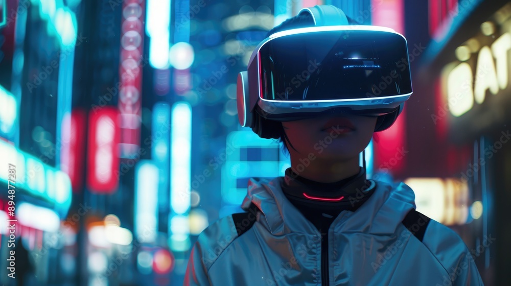 Futuristic scene with VR or AR headset glasses, showcasing the exciting possibilities of virtual gaming worlds and cyber technology Futuristic scene with VR or AR headset glasses, showcasing the exciting possibilities of virtual gaming worlds and cyber technology