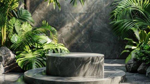 3D nature-inspired pedestal with jungle foliage, tropical plants, and a stone table for an eco-friendly product presentation.