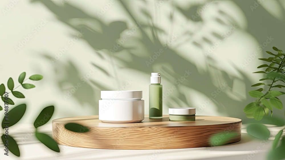 3D product podium with a green and white background, ideal for showcasing beauty products in a minimal and natural setting. 3D product podium with a green and white background, ideal for showcasing beauty products in a minimal and natural setting.