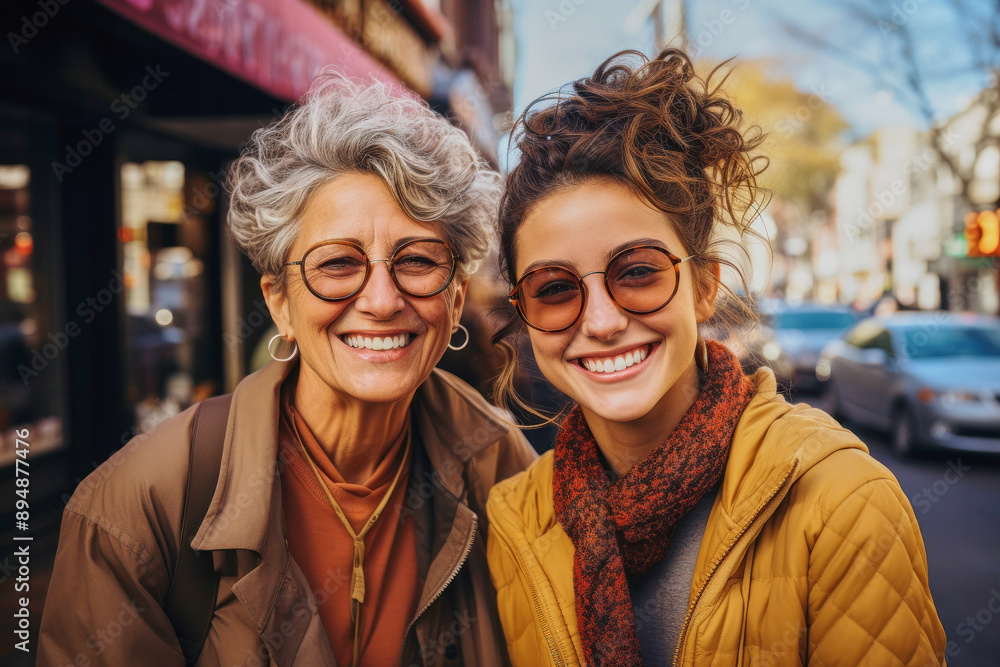 Fototapeta premium Portrait of happy modern stylish grandmother with cute laughing playful grandchild