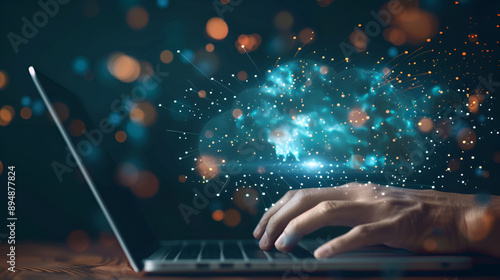 Hand showing laptop computer with cloud network Computer. Generative AI