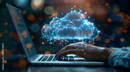 Hand showing laptop computer with cloud network Computer. Generative AI