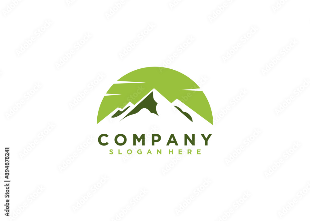 Mountain logo with green sky half circle. nature travel abstract vector Mountain logo with green sky half circle. nature travel abstract vector
