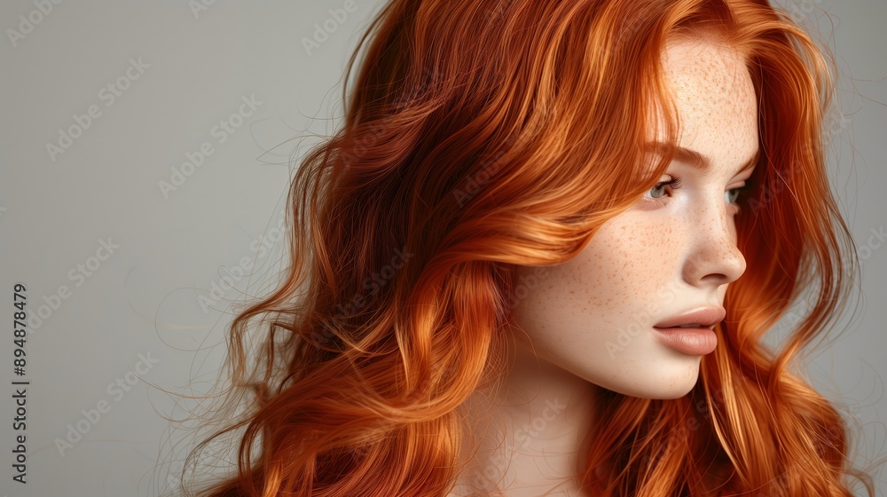beautiful red hair woman with long wavy hairstyle, fashion portrait isolated on grey background beautiful red hair woman with long wavy hairstyle, fashion portrait isolated on grey background