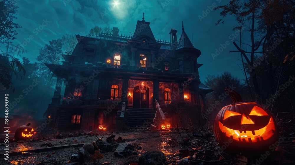 Haunted house decorated for Halloween, featuring eerie pumpkin candles and spooky night decor for a ghost day theme Haunted house decorated for Halloween, featuring eerie pumpkin candles and spooky night decor for a ghost day theme