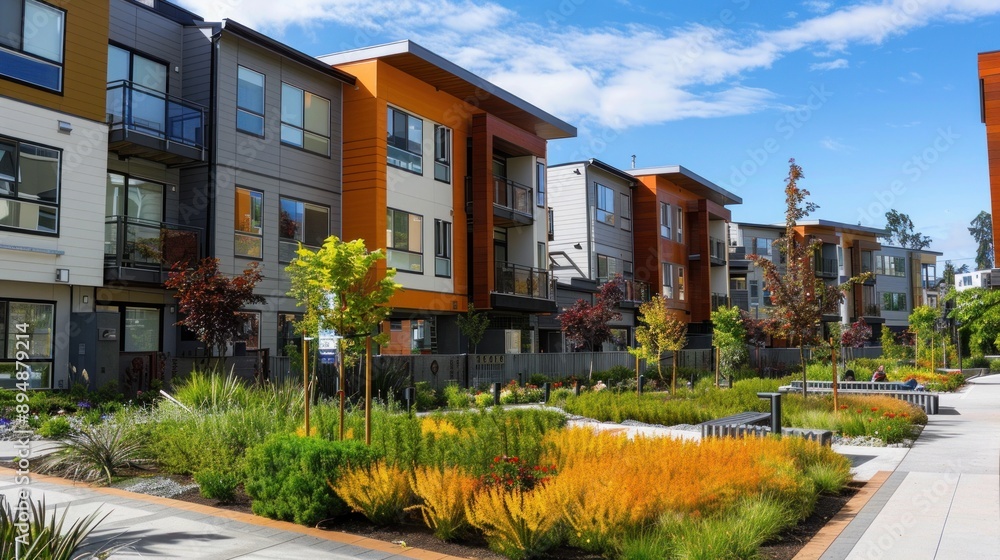 Generate a photo realistic image of urban green housing projects designed with sustainability and energy efficiency in mind; ensure the image is of high resolution for clear and detailed quality. Generate a photo realistic image of urban green housing projects designed with sustainability and energy efficiency in mind; ensure the image is of high resolution for clear and detailed quality.