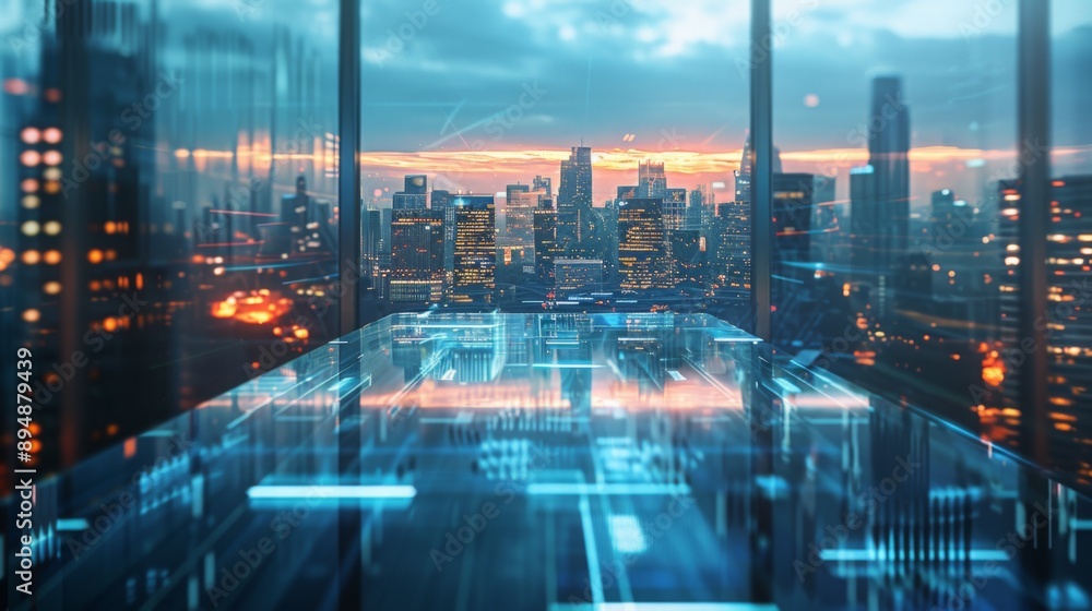 Fototapeta premium A view of a modern city at sunset from a high-rise office building. The window is reflecting the cityscape, with the setting sun casting warm orange hues.