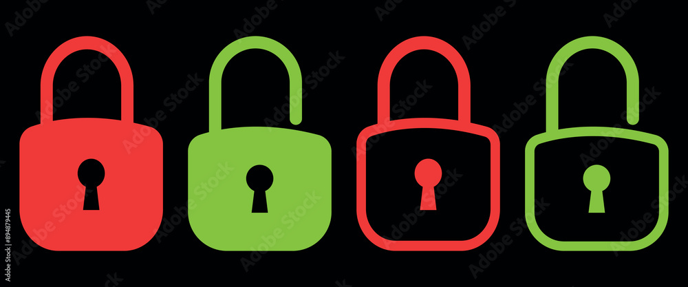 Collection of opening and closing lock icons. Flat vector illustration isolated on black background. Collection of opening and closing lock icons. Flat vector illustration isolated on black background.