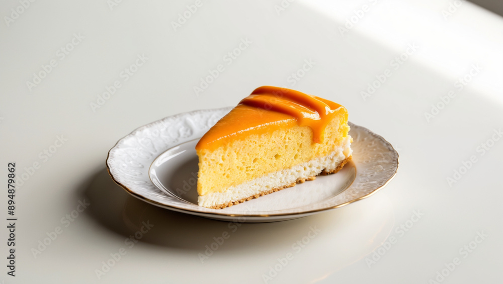 A Slice of Mango Mousse Cake with Mango Frosting and Topped with Mango Slices on an Ornate Plate A Slice of Mango Mousse Cake with Mango Frosting and Topped with Mango Slices on an Ornate Plate