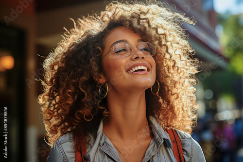 Portrait of beautiful cheerful stylish smiling casual gorgeous latina young woman with curly hair and wearing glasses outdoors