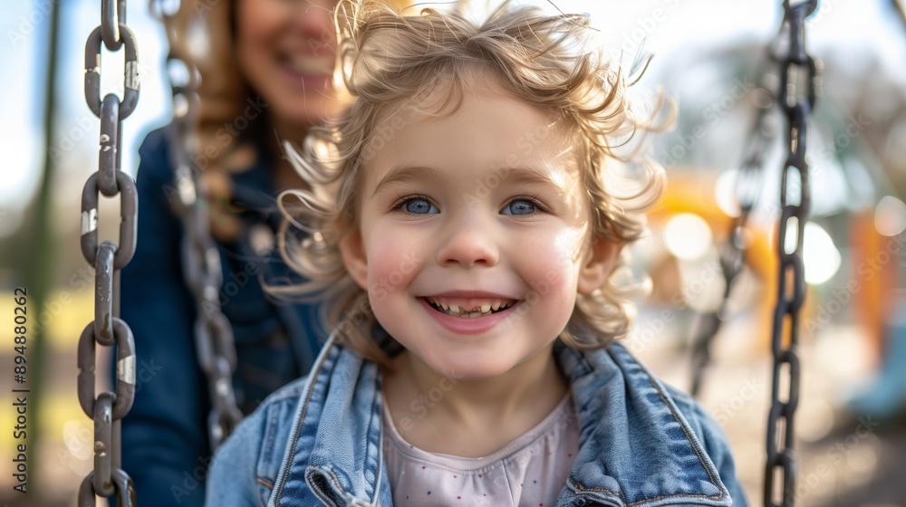 Photo of happy child girl playing on the playground, laughing and having fun while sitting in an outdoor swing with her mother behind him Photo of happy child girl playing on the playground, laughing and having fun while sitting in an outdoor swing with her mother behind him