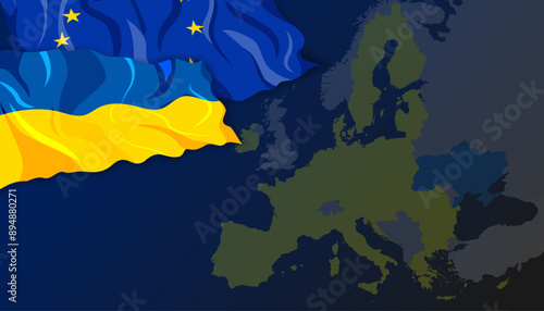 Ukraine UA and EU Europe Union flags papercut style background, banner, wallpaper for text. Cooperation, partnership membership patriotic template 