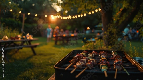 Skewers grilling on a barbecue at a summer party in a backyard photo