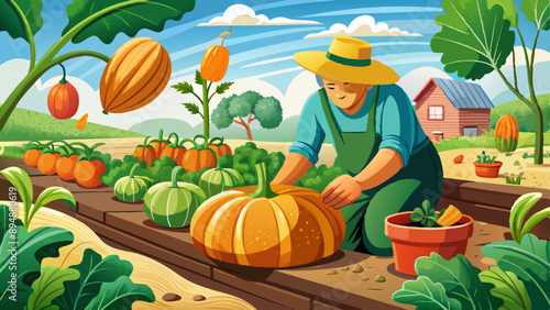 Hand planting of marrow pumpkin seeds in the vegetable garden