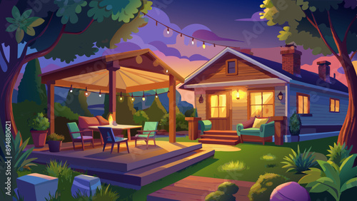 the patio of the beautiful suburban house with lights in the garden