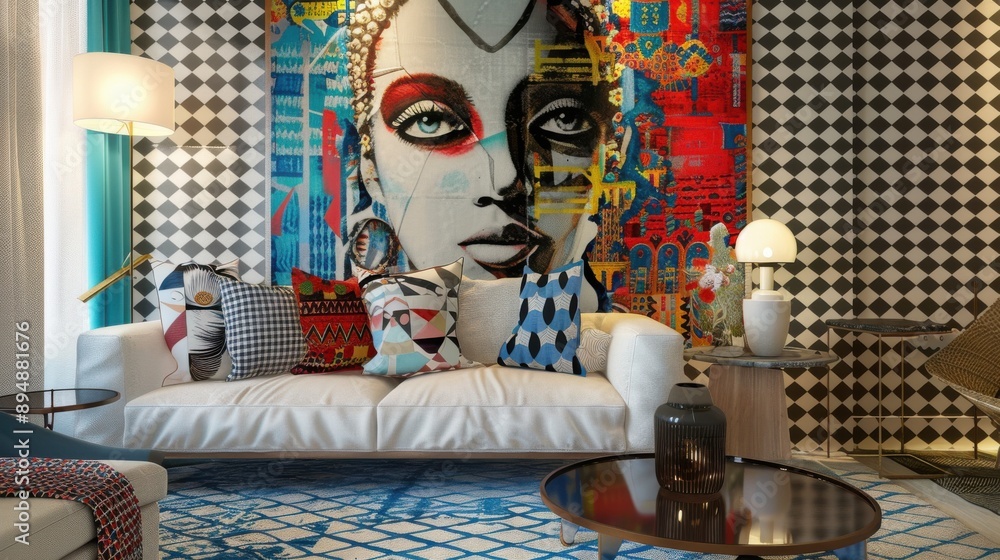 A bold wallpaper living room with eyecatching patterns, a comfortable