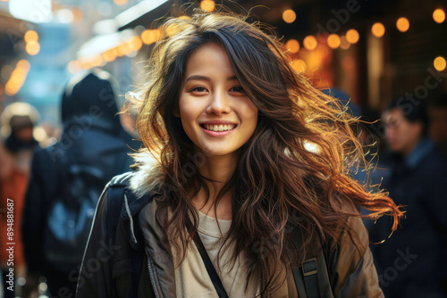 Portrait of beautiful cheerful stylish smiling casual gorgeous asian young woman with curly hair outdoors