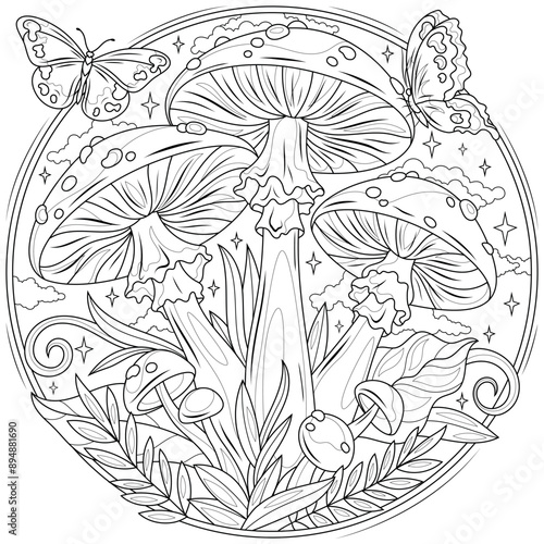 Fly agaric mushrooms and butterflies in a circle.Coloring book antistress for children and adults. 