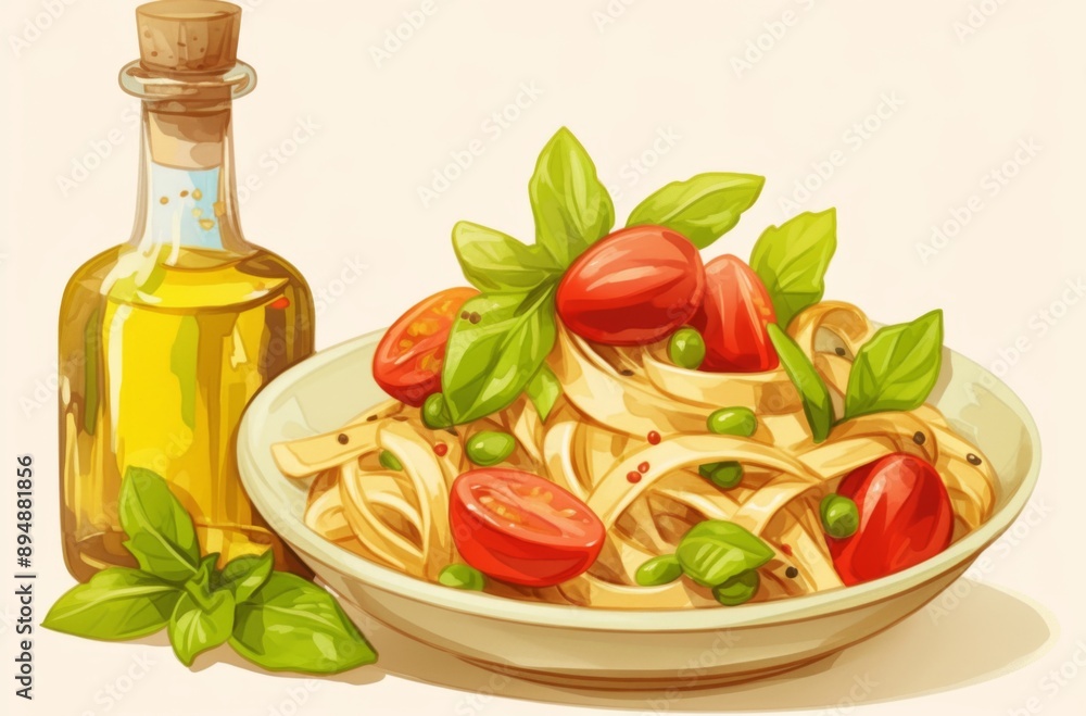 Pasta with Balsamic Sauce and Fresh Vegetables on White Background, with Noodles in Tomato Dressing and Olive Oil Bottle Pasta with Balsamic Sauce and Fresh Vegetables on White Background, with Noodles in Tomato Dressing and Olive Oil Bottle