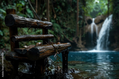A rustic and wet wooden bench placed by a tranquil blue pool with a waterfall in the background, surrounded by lush greenery, capturing nature's serenity.
