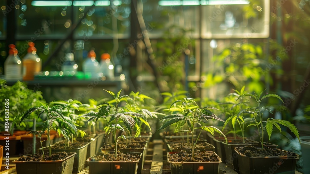 Lush Cannabis Plant Nursery in Greenhouse with Vibrant Sunlight and Potted Plants Lush Cannabis Plant Nursery in Greenhouse with Vibrant Sunlight and Potted Plants