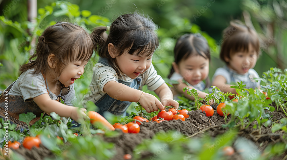 Cute little asian girl picking fresh tomatoes in the garden. Cute little asian girl picking fresh tomatoes in the garden.