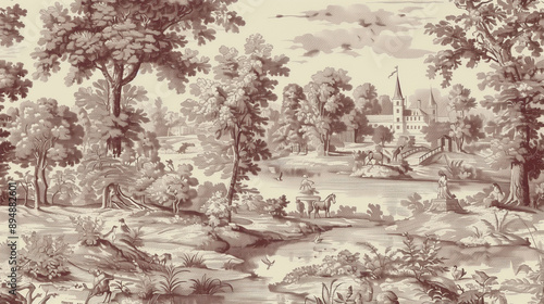 wallpaper of vintage inspired toile de Jouy with scene
